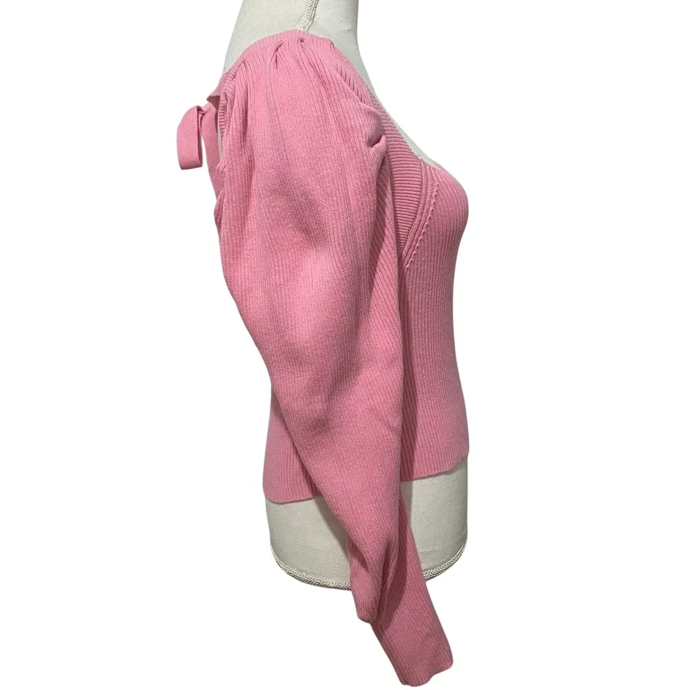 Pink Bow Crop‎ Sweater S Balletcore Soft Girl Romantic Square Neck Puff Sleeve